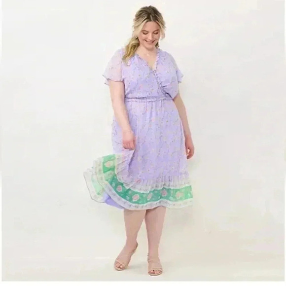 LC Lauren Conrad Flutter Sleeve Faux-Wrap Midi Dress Purple Floral Plus Size 4X - Picture 9 of 10
